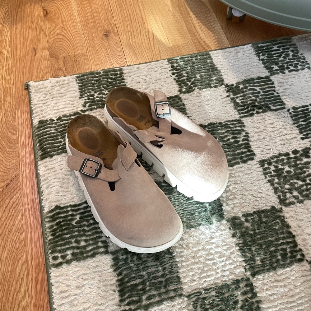 Beige Suede Buckle Clogs